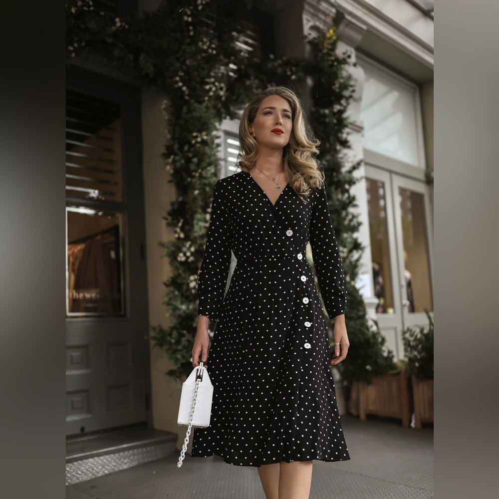 Mango MNG Polka Dot Buttoned Midi Flare Dress Black & White - Picture 4 of 13